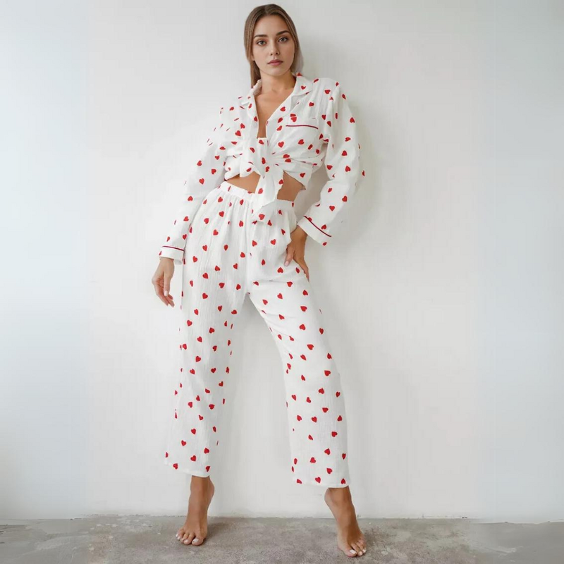 Pyjama Femme Long Pantalon + Chemise à Manches Longues CœurEnchanté en 100% Coton | CozyCloud