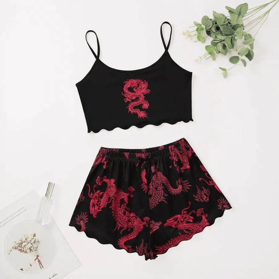 Pyjama Femme Court Shorts + Crop Top Dragons en Coton | CozyCloud