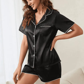 Pyjama Femme Court Shorts + Chemise à Manches Courtes Américain UniNoir en 100% Soie | CozyCloud