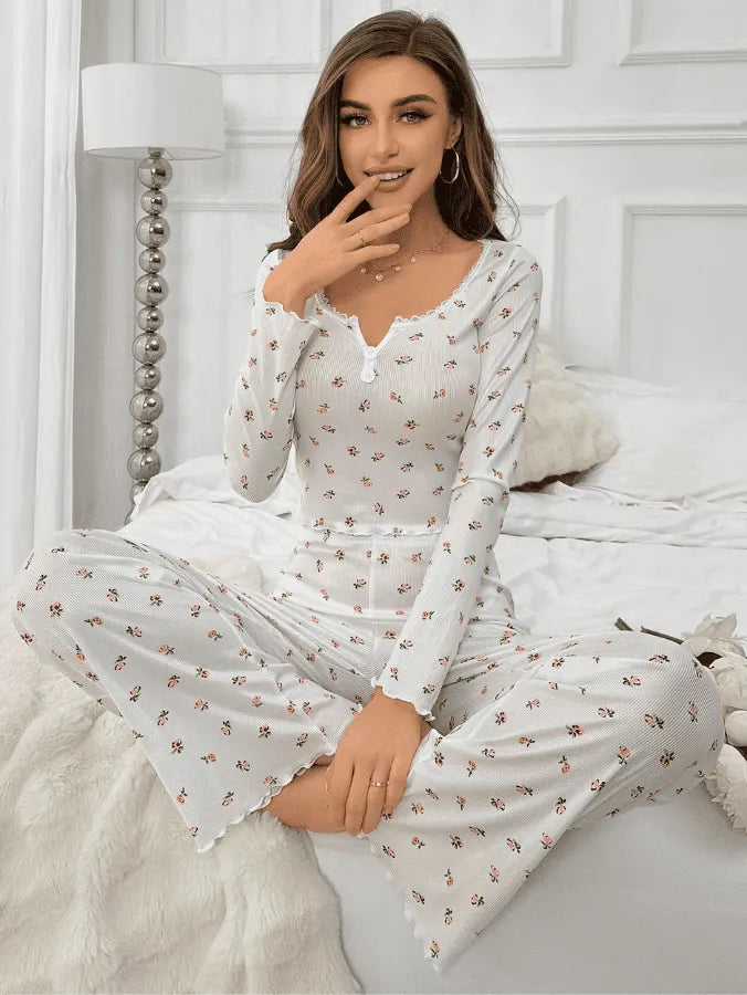 Pyjama Femme Long Pantalon + Chemise à Manches Longues Petit V en Coton | CozyCloud