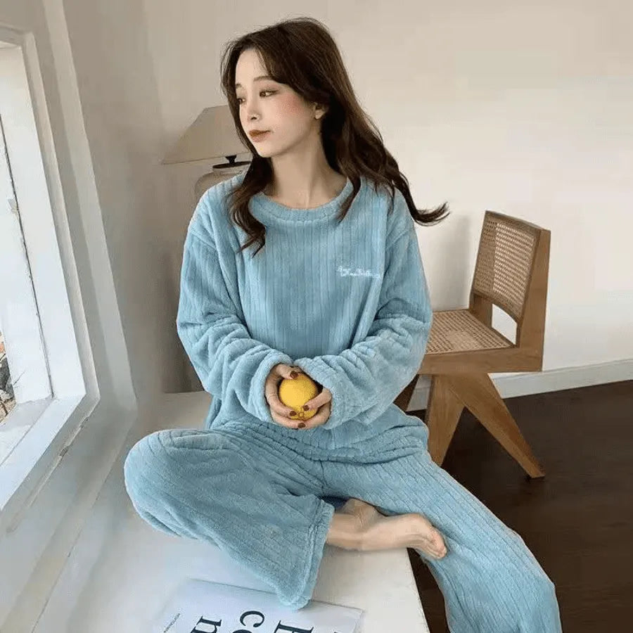 Pyjama Femme Long Pantalon + Chemise à Manches Longues en Peluche Se Blottir en Velours Côtelé | CozyCloud