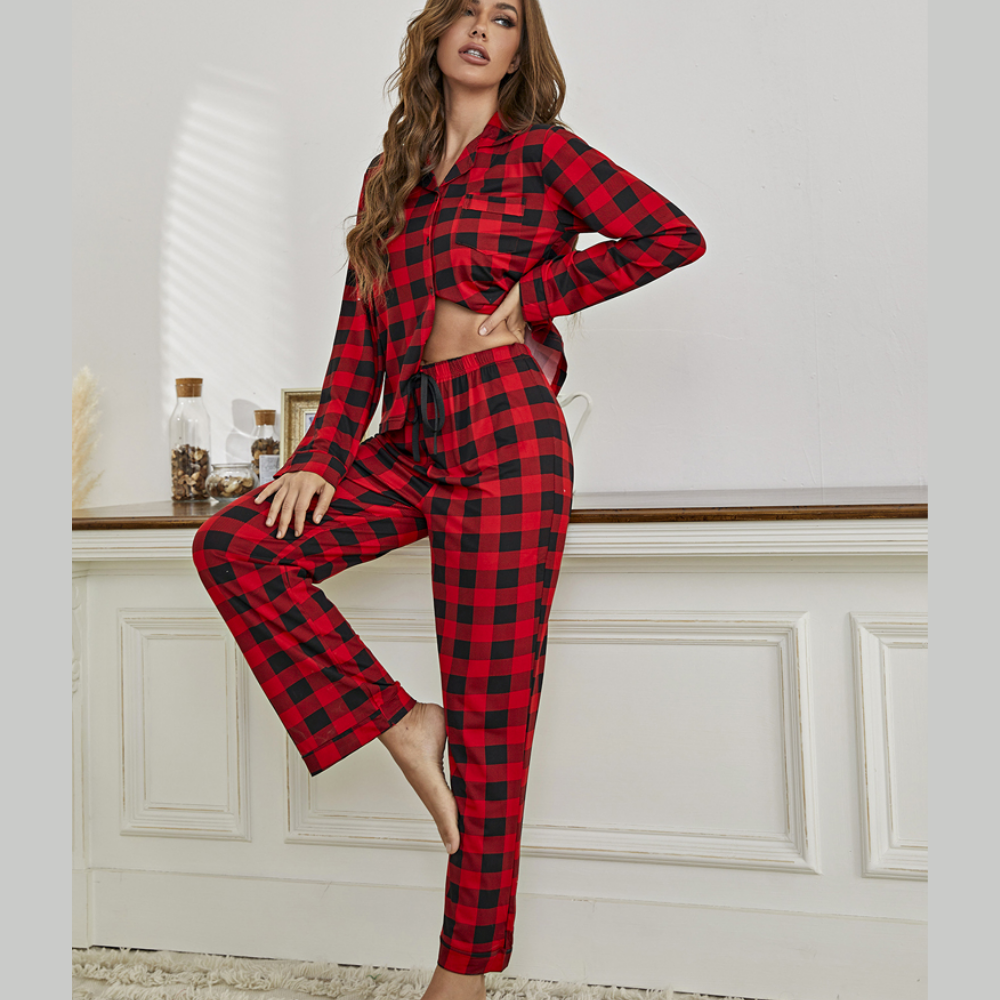 Pyjama Femme Long Pantalon + Chemise à Manches Longues CarreauxAméricain en Coton | CozyCloud