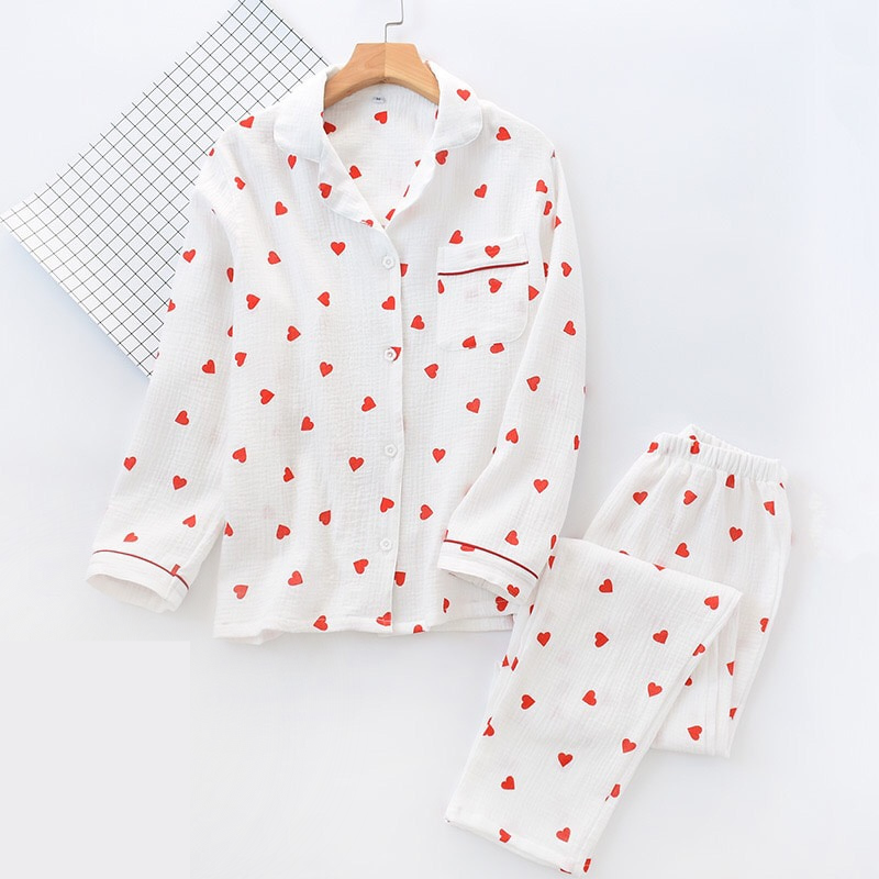 Pyjama Femme Long Pantalon + Chemise à Manches Longues CœurEnchanté en 100% Coton | CozyCloud