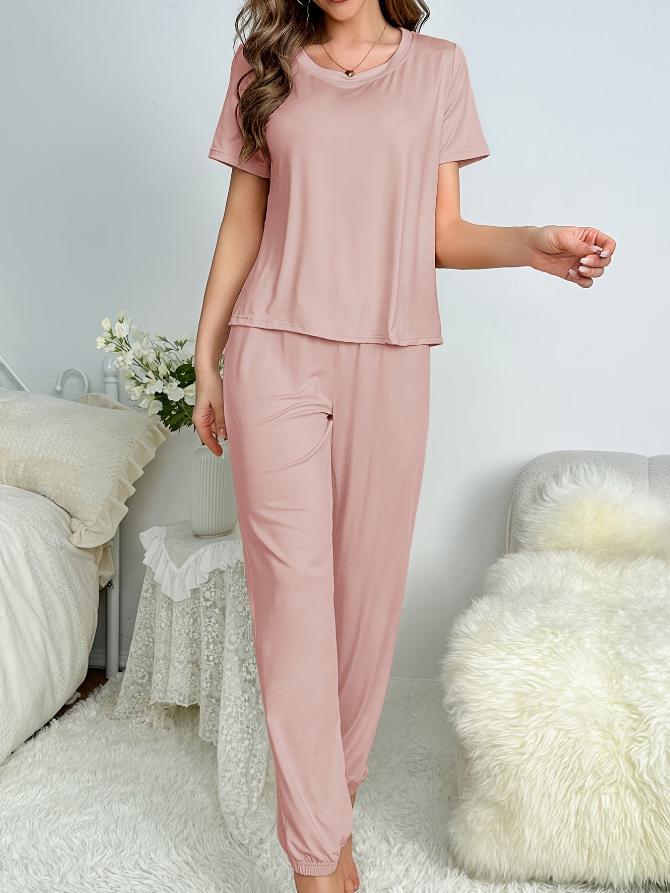 Pyjama Femme Long Pantalon + Chemise à Manches Courtes Élégance Tendre en Coton | CozyCloud