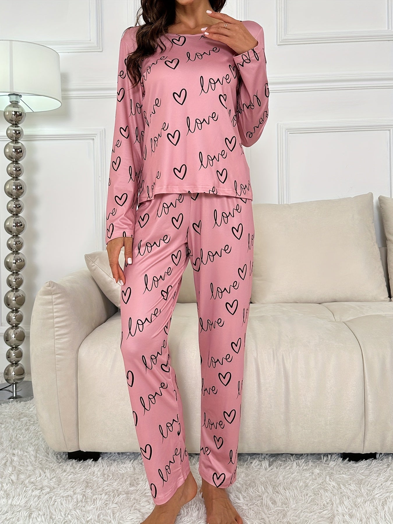 Pyjama Femme Long Pantalon + Chemise à Manches Longues LoveCoeur Rose en Coton | CozyCloud