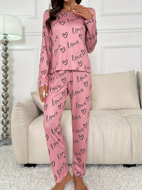 Pyjama Femme Long Pantalon + Chemise à Manches Longues LoveCoeur Rose en Coton | CozyCloud