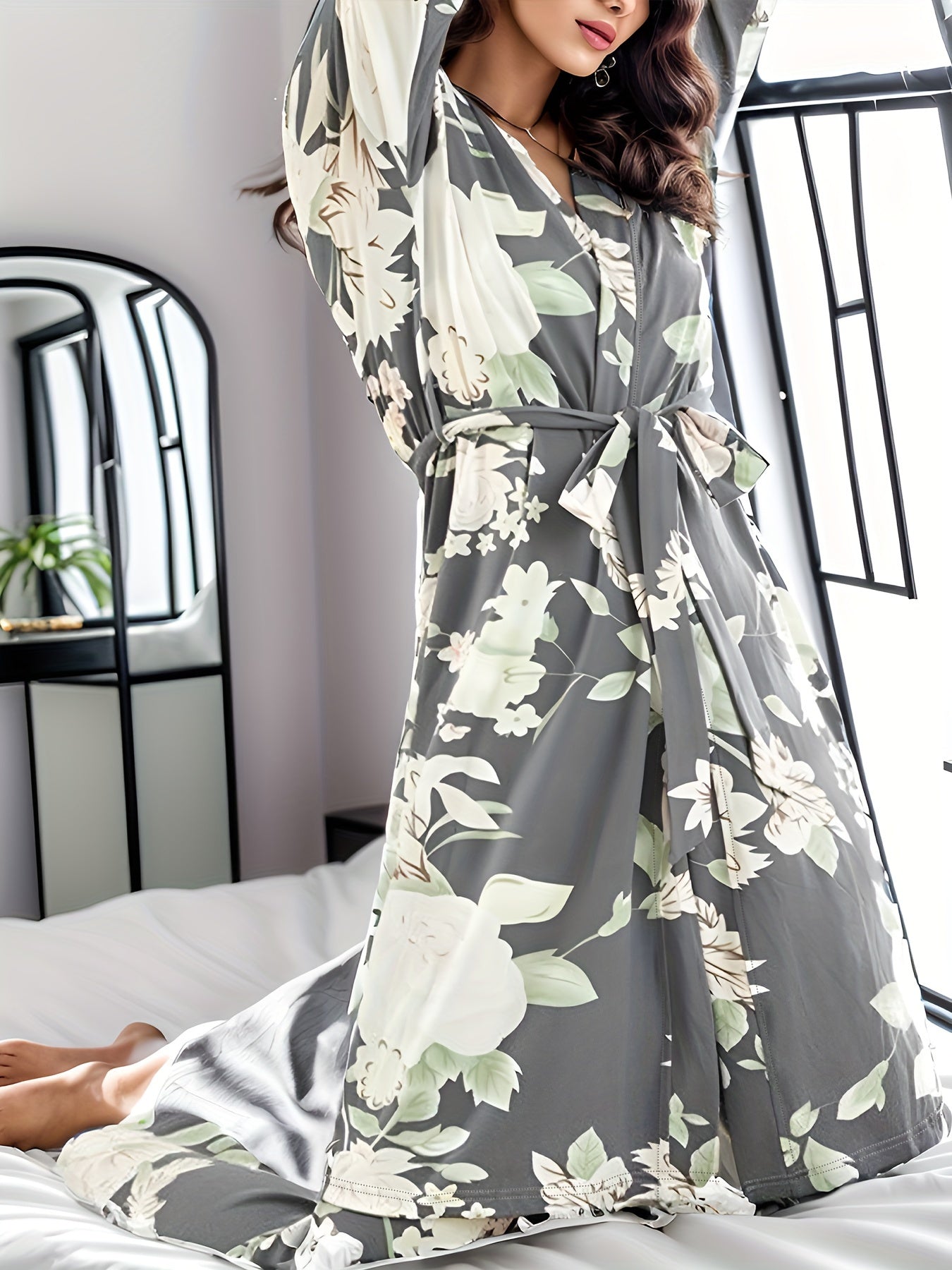 Pyjama Femme Ensemble Peignoir avec Noeud + Débardeur + Pantalon FleurBlanc F&B en Coton | CozyCloud