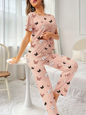 Pyjama Femme Long Pantalon + Chemise à Manches Courtes Papillons Petites en Coton | CozyCloud