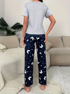 Pyjama Femme Long Pantalon + Chemise à Manches Courtes Zodiaque en Coton | CozyCloud