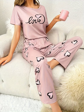 Pyjama Femme Long Pantalon + Chemise à Manches Courtes Coeur Amour en Coton | CozyCloud