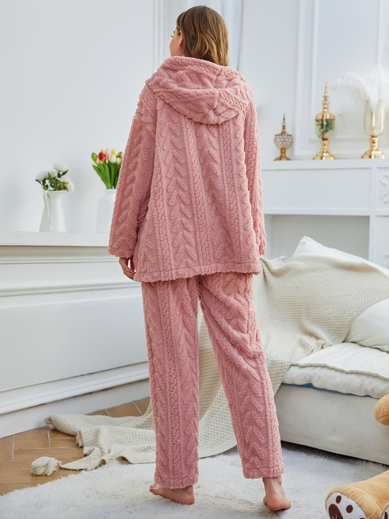 Pyjama Femme Long Pantalon + Blouse à Manches Longues avec Capuche en Peluche en Coton | CozyCloud