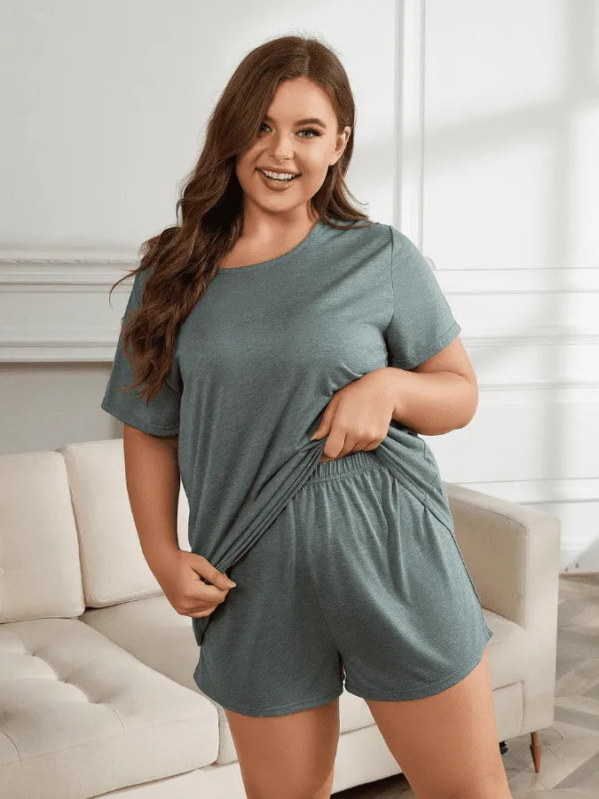 Pyjama Femme Court Plus Size Shorts + Chemise à Manches Courtes Uni en Viscose | CozyCloud