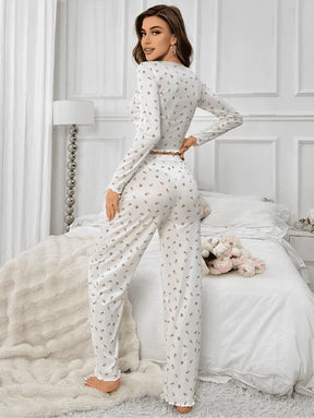 Pyjama Femme Long Pantalon + Chemise à Manches Longues Petit V en Coton | CozyCloud