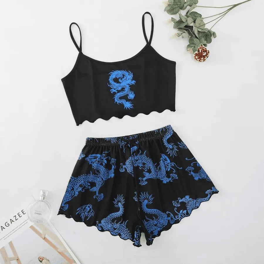 Pyjama Femme Court Shorts + Crop Top Dragons en Coton | CozyCloud