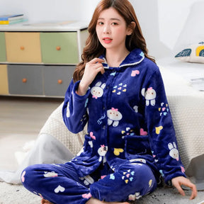 Pyjama Femme Long Pantalon + Chemise à Manches Longues en Peluche Chaleur Douillette en Coton | CozyCloud