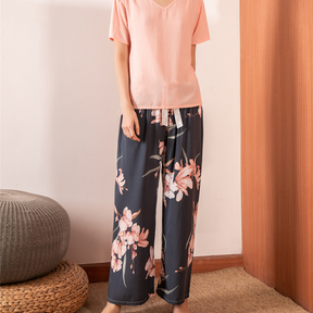 Pyjama Femme Long Pantalon + Chemise à Manches Courtes Rose en Viscose | CozyCloud