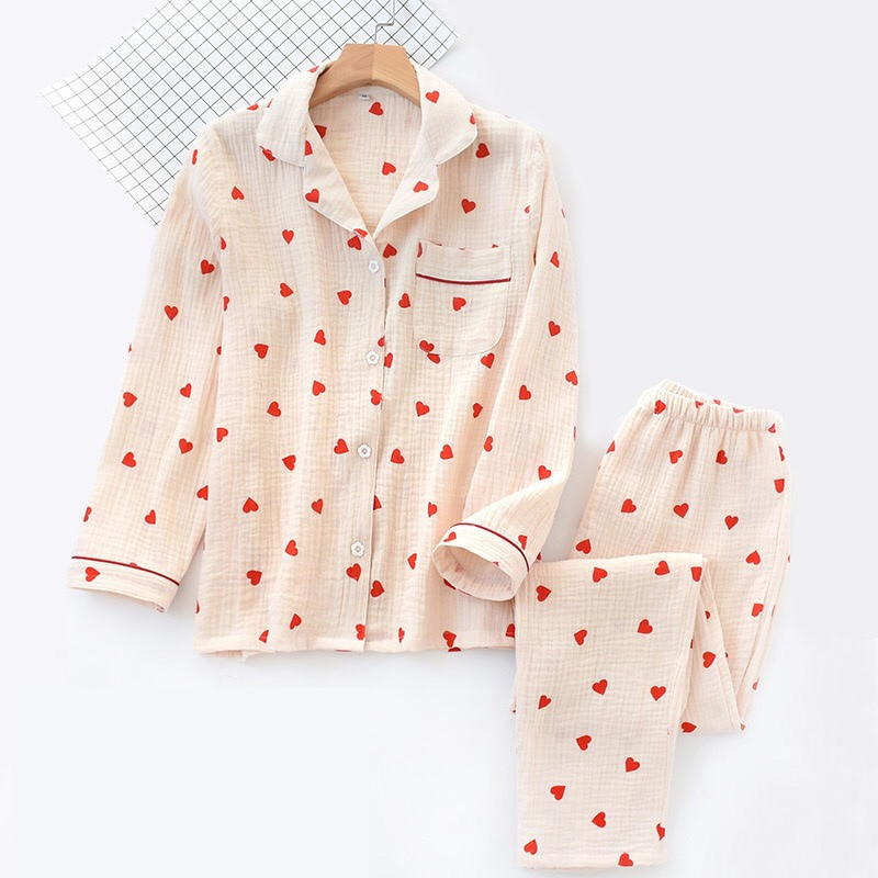 Pyjama Femme Long Pantalon + Chemise à Manches Longues CœurEnchanté en 100% Coton | CozyCloud