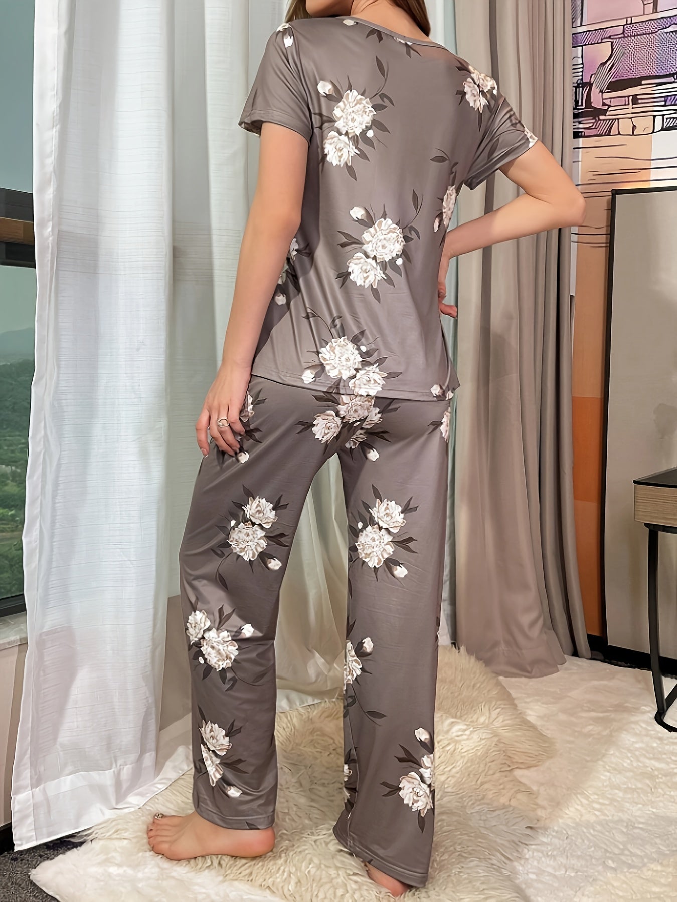 Pyjama Femme Long Pantalon + Chemise à Manches Courtes Roses Blancs en Coton | CozyCloud