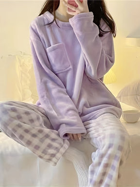 Pyjama Femme Long Pantalon + Blouse à Manches Longues en Peluche CarreauxColoré en Coton | CozyCloud