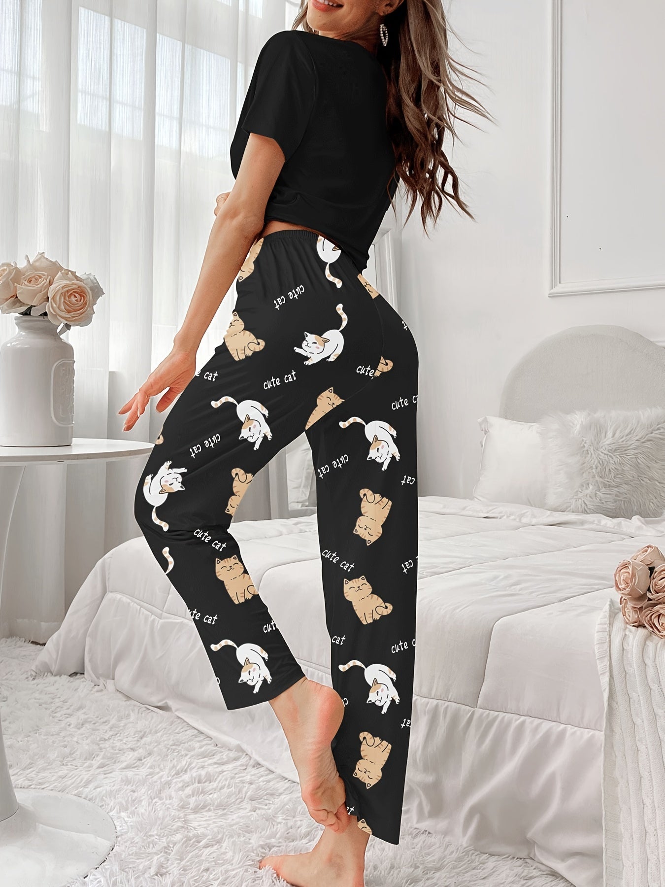 Pyjama Femme Long Pantalon + Chemise à Manches Courtes Cute Cat en Coton | CozyCloud