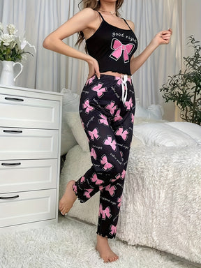 Pyjama Femme Long Pantalon + Crop Top NoeudsRoses en Satin | CozyCloud