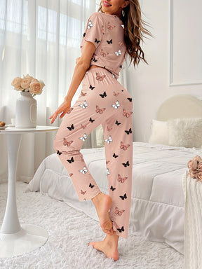 Pyjama Femme Long Pantalon + Chemise à Manches Courtes Papillons Petites en Coton | CozyCloud