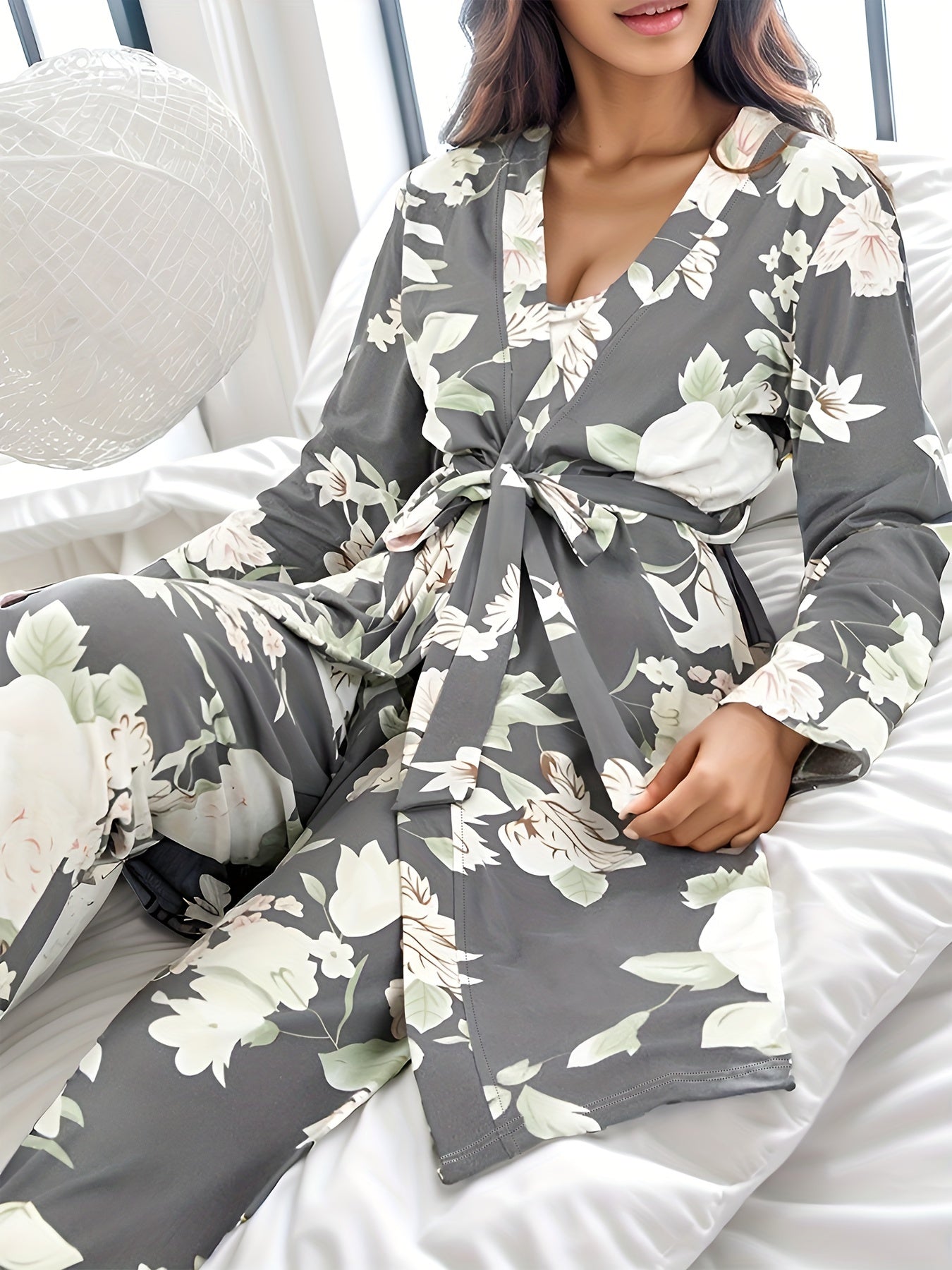 Pyjama Femme Ensemble Peignoir avec Noeud + Débardeur + Pantalon FleurBlanc F&B en Coton | CozyCloud