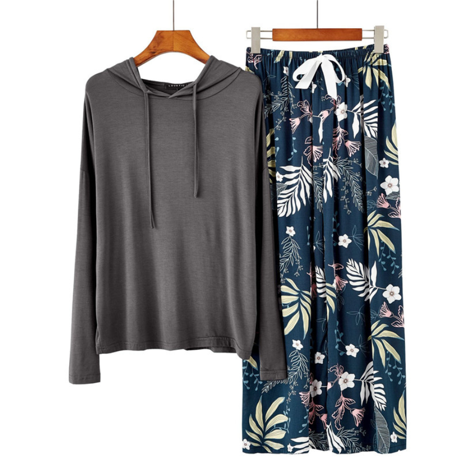 Pyjama Femme Long Pantalon + Blouse à Manches Longues Capuche en Viscose | CozyCloud