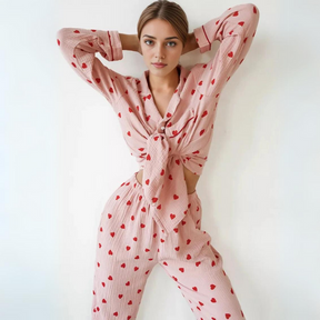 Pyjama Femme Long Pantalon + Chemise à Manches Longues CœurEnchanté en 100% Coton | CozyCloud