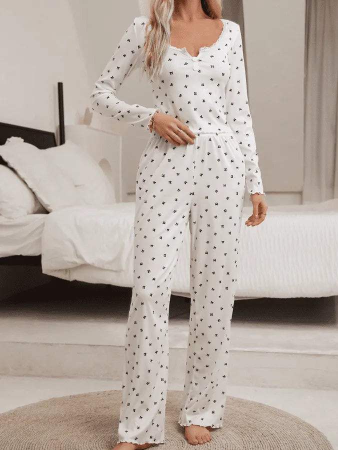 Pyjama Femme Long Pantalon + Chemise à Manches Longues Petit V en Coton | CozyCloud