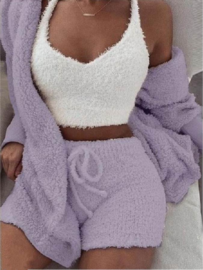 Pyjama Femme Court Shorts + Crop Top + Veste à Capuche Duveteux en Coton | CozyCloud