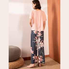 Pyjama Femme Long Pantalon + Chemise à Manches Courtes Rose en Viscose | CozyCloud