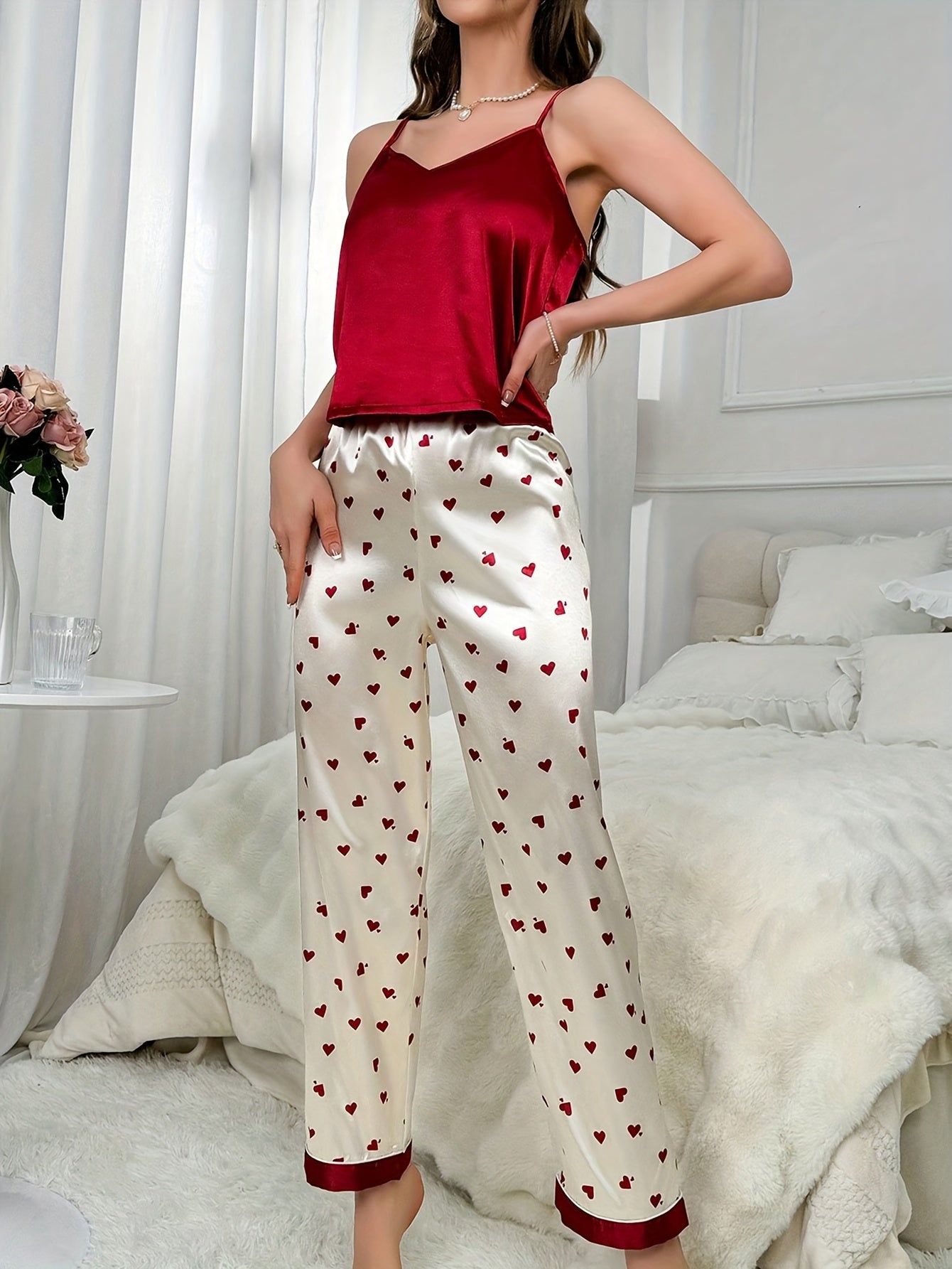 Pyjama Femme Long Pantalon + Débardeur CoeursRouges en Coton | CozyCloud