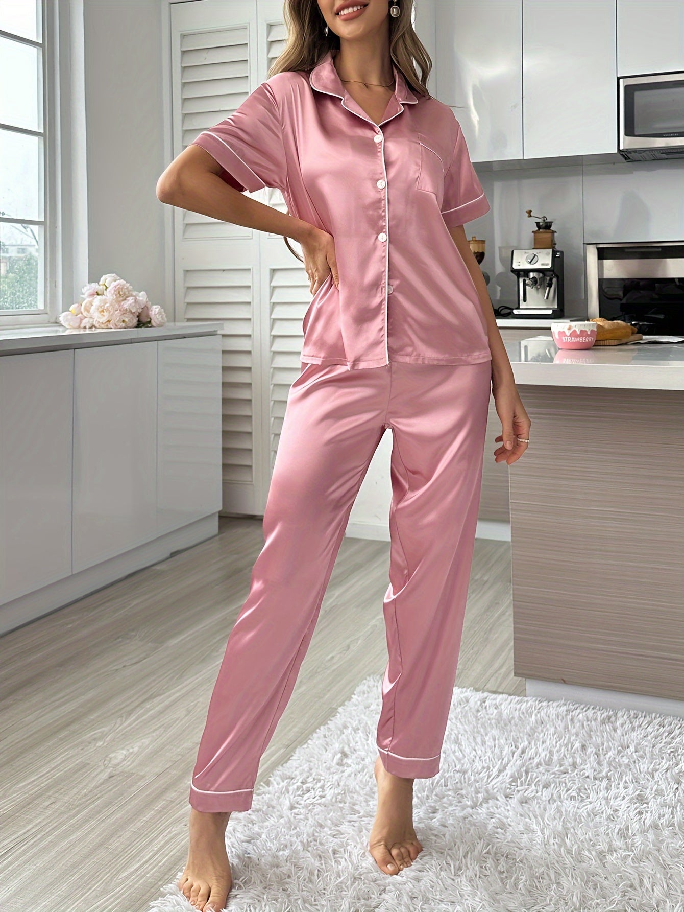 Pyjama Femme Long Pantalon + Chemise à Manches Courtes UniClasse en Satin | CozyCloud