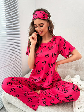 Pyjama Femme Long Pantalon + Chemise à Manches Courtes Love en Tissu Élastique | CozyCloud