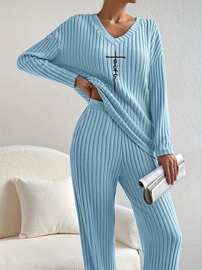 Pyjama Femme Long Pantalon + Chemise en Peluche à Manches Longues Col V Faith en Coton | CozyCloud