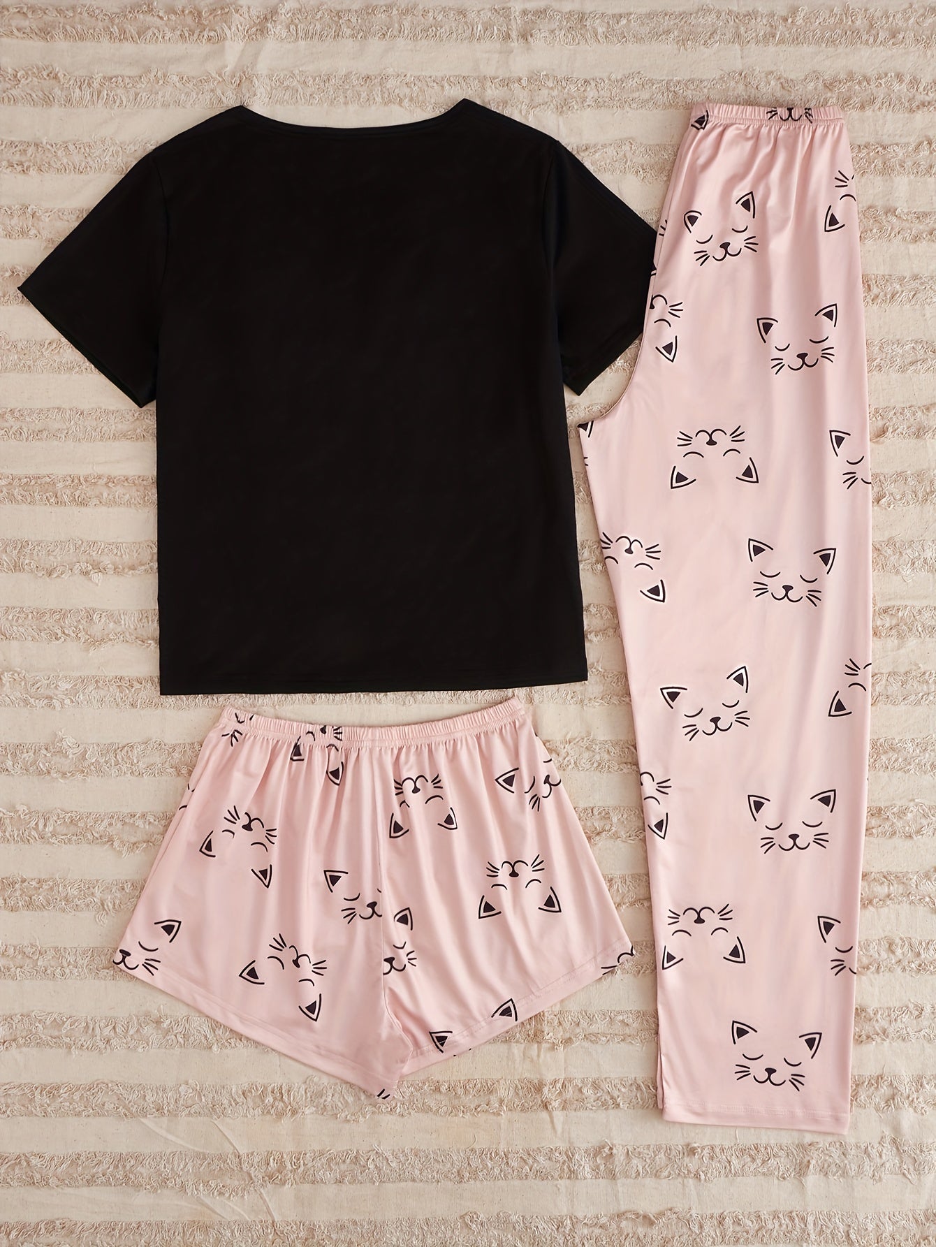 Pyjama Femme 3 Pièces Pantalon + Shorts + Chemise Manches Courtes Chatons Rose en Coton | CozyCloud