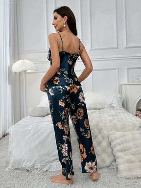 Pyjama Femme Long Pantalon + Débardeur R&B Fleurs en 100% Satin | CozyCloud