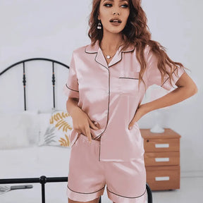 Pyjama Femme Court Shorts + Chemise à Manches Courtes Américain UniColoré en 100% Soie | CozyCloud