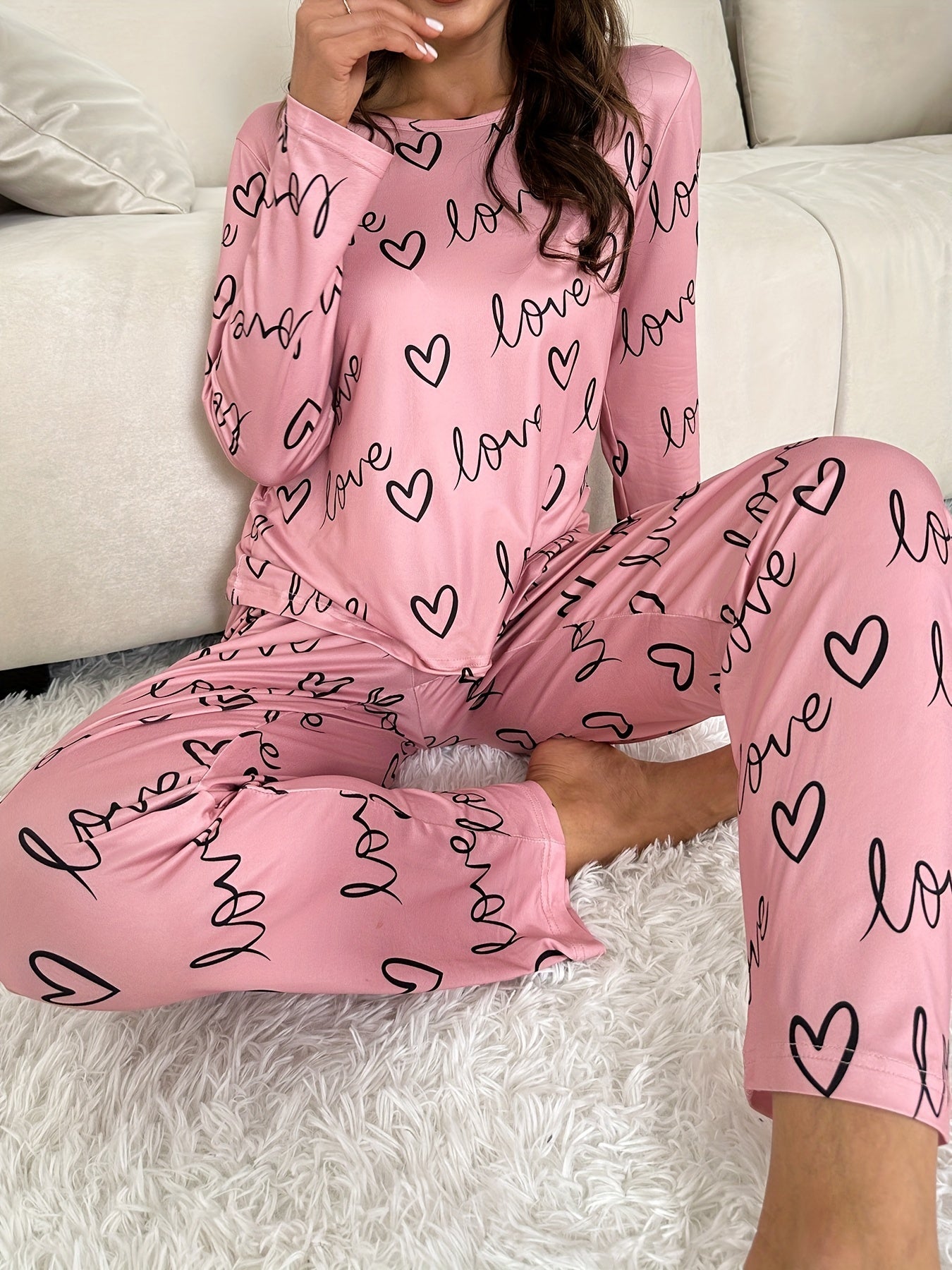 Pyjama Femme Long Pantalon + Chemise à Manches Longues LoveCoeur Rose en Coton | CozyCloud