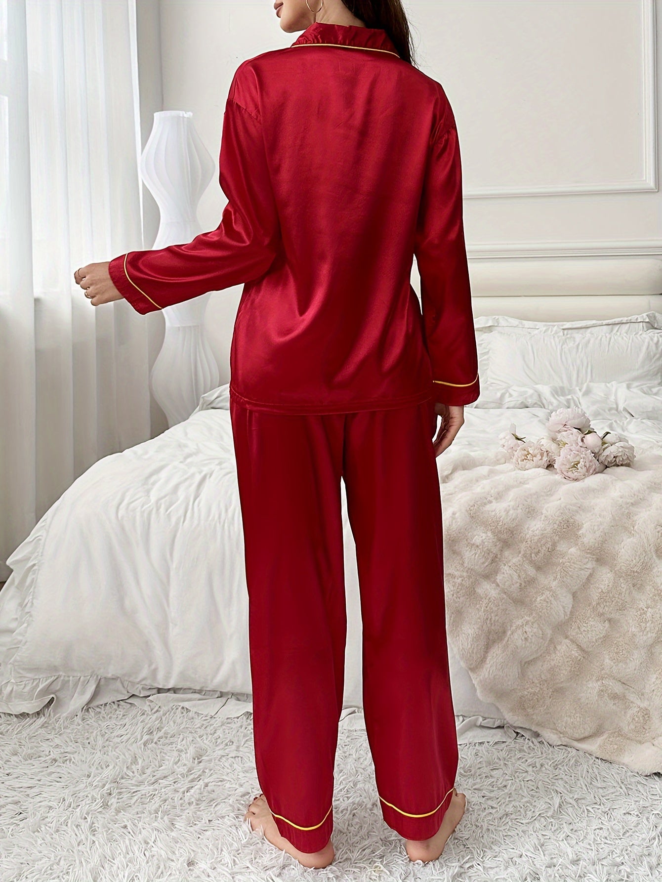 Pyjama Femme Long Pantalon + Chemise Manches Longues Américain B RougeAmour en Satin | CozyCloud