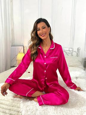 Pyjama Femme Long Pantalon + Chemise Manches Longues Américain B Vibrant en 100% Satin | CozyCloud