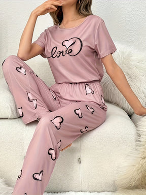 Pyjama Femme Long Pantalon + Chemise à Manches Courtes Coeur Amour en Coton | CozyCloud