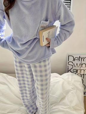 Pyjama Femme Long Pantalon + Blouse à Manches Longues en Peluche CarreauxColoré en Coton | CozyCloud