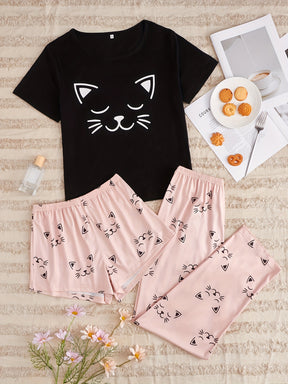 Pyjama Femme 3 Pièces Pantalon + Shorts + Chemise Manches Courtes Chatons Rose en Coton | CozyCloud