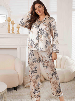 Pyjama Femme Long Plus Size Pantalon + Chemise à Manches Longues Classe Fleurs en Satin | CozyCloud