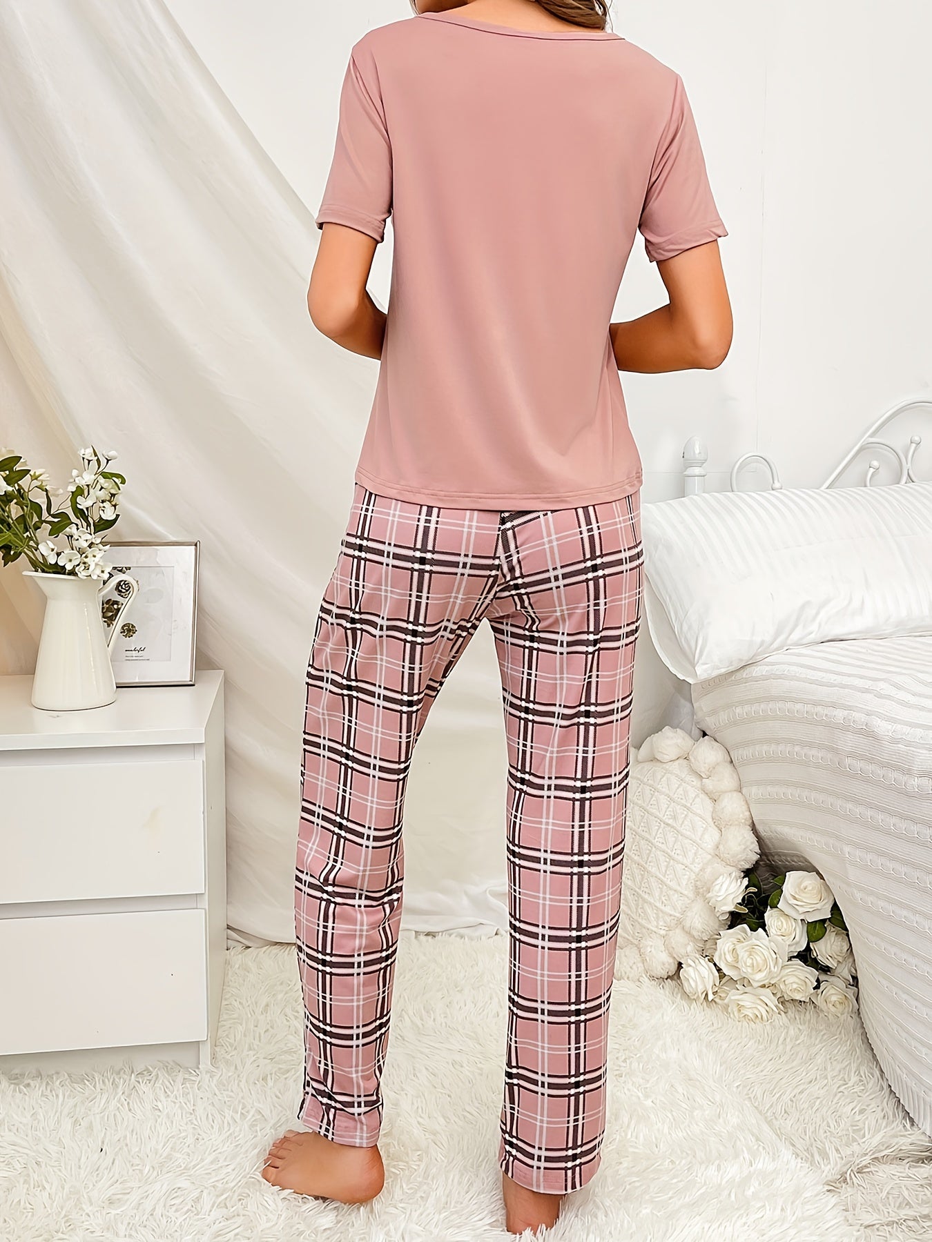 Pyjama Femme Long Pantalon + Chemise à Manches Courtes Fausse Poche en Coton | CozyCloud