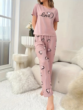 Pyjama Femme Long Pantalon + Chemise à Manches Courtes Coeur Amour en Coton | CozyCloud