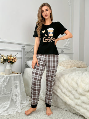 Pyjama Femme Court Pantalon + Chemise à Manches Courtes Tasse Adorable en Coton | CozyCloud