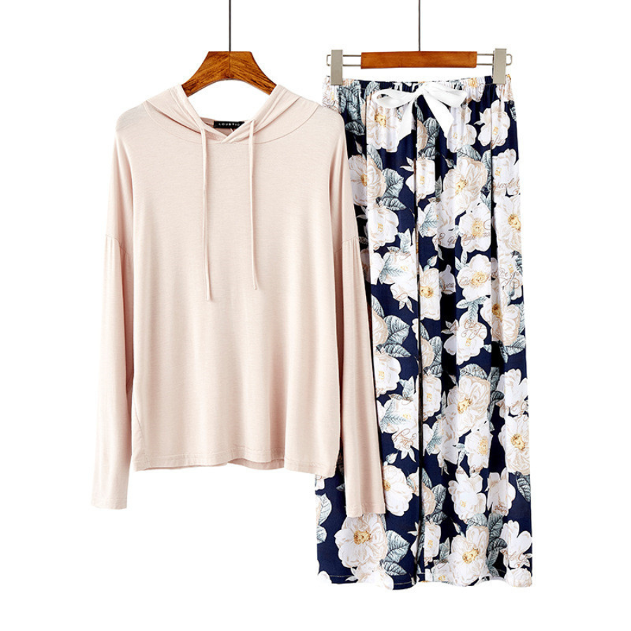 Pyjama Femme Long Pantalon + Blouse à Manches Longues Capuche en Viscose | CozyCloud